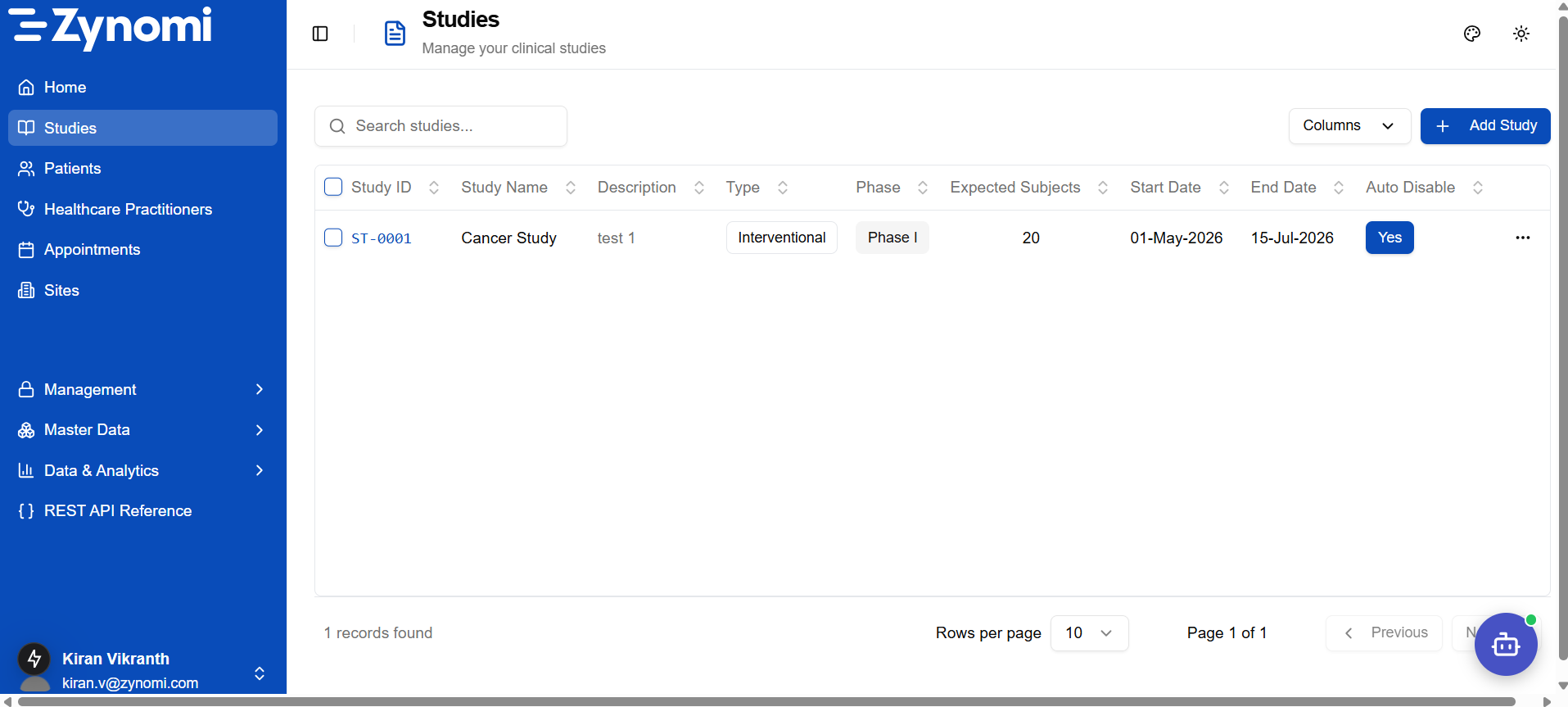 Studies module — list of all clinical studies with Add Study button
