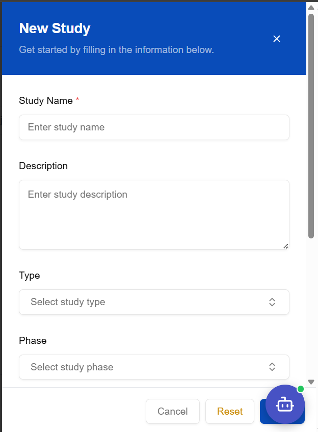 New Study form — enter Study Name, Description, Type, and Phase
