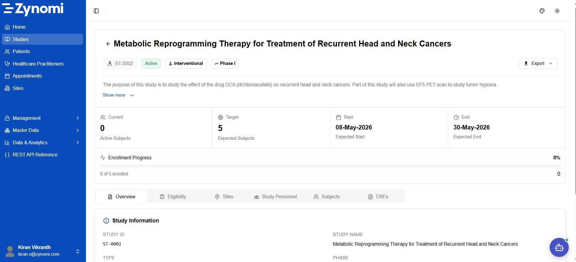 Study detail view — Overview tab with enrollment metrics and configuration tabs