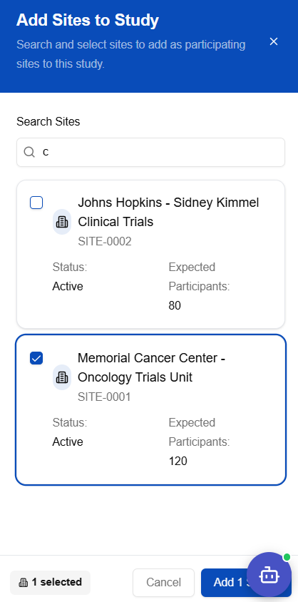 Site selection confirmation — review the selected site before saving