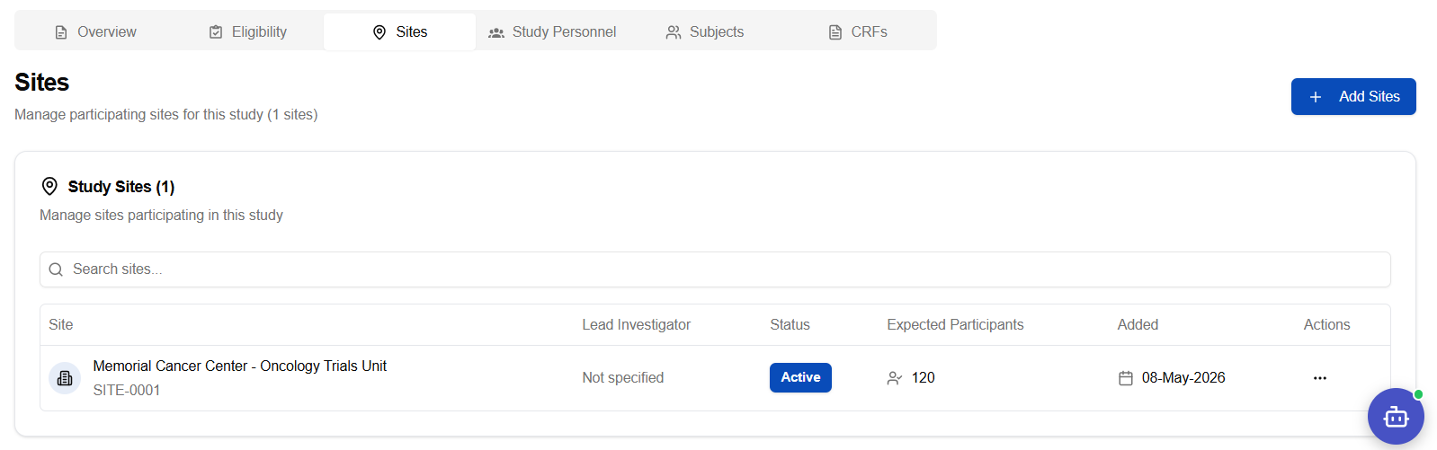Sites tab — site successfully assigned to the study