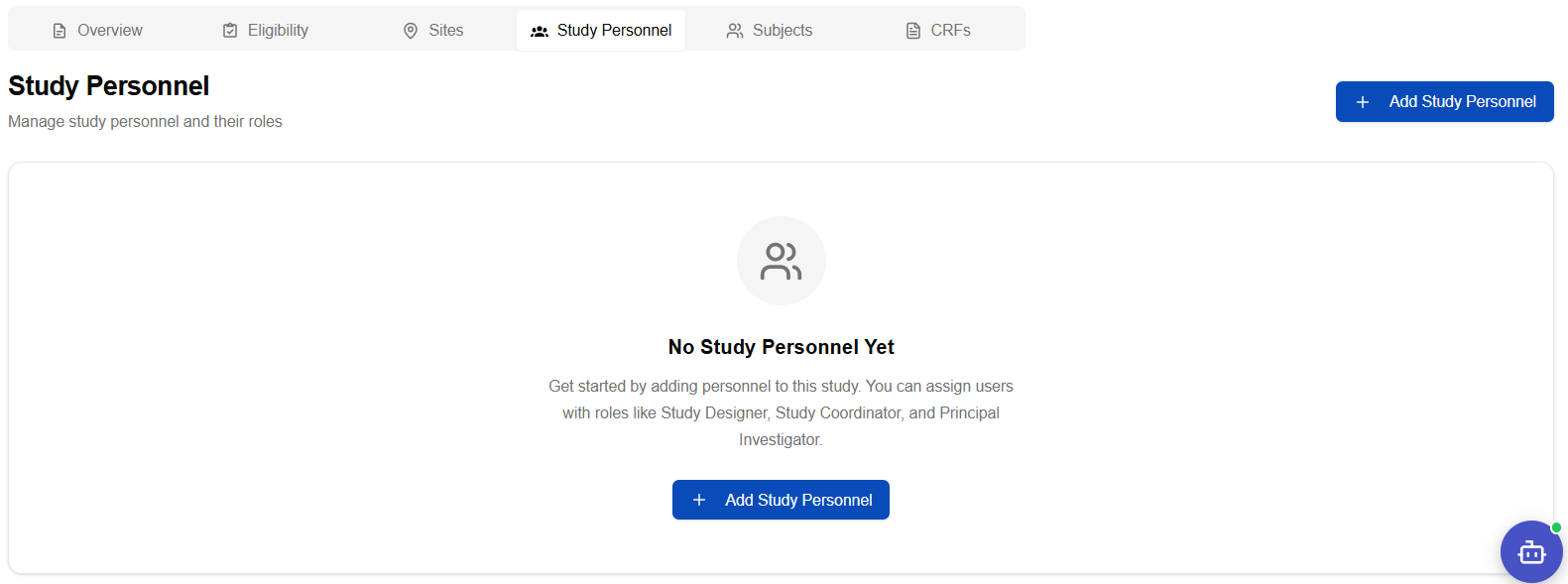 Study Personnel tab — assign coordinators and investigators to the study