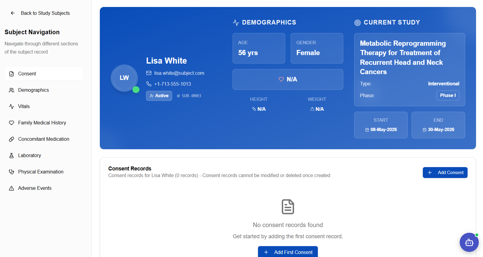 Subject record overview — navigation panel on left, header card and data section on right