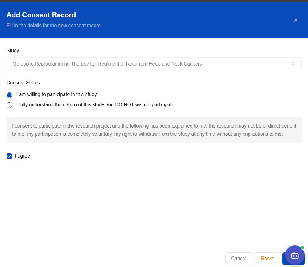 Add Consent Record form — consent status and agreement fields