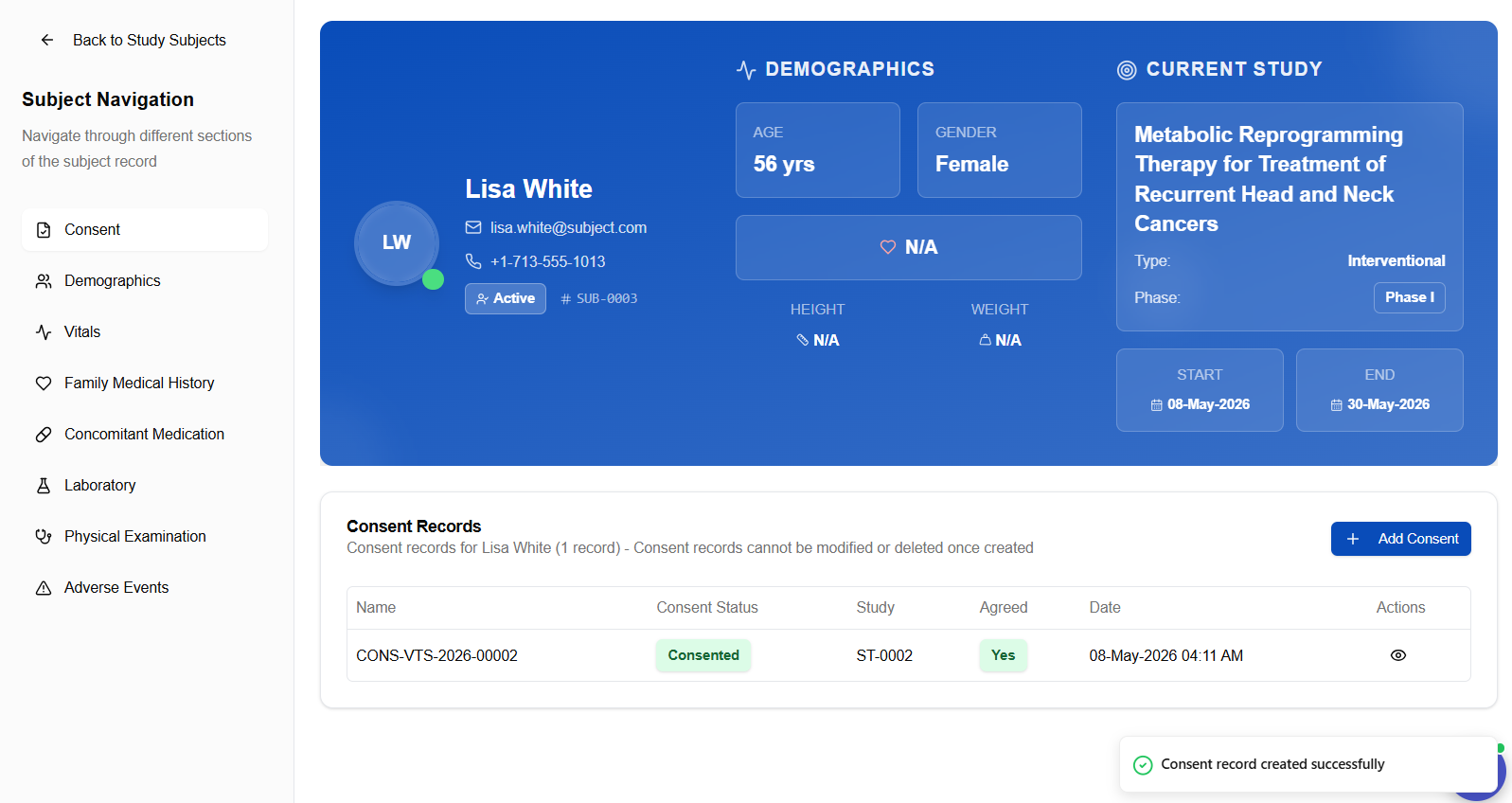 Consent approval screen — saved consent record with status and timestamp