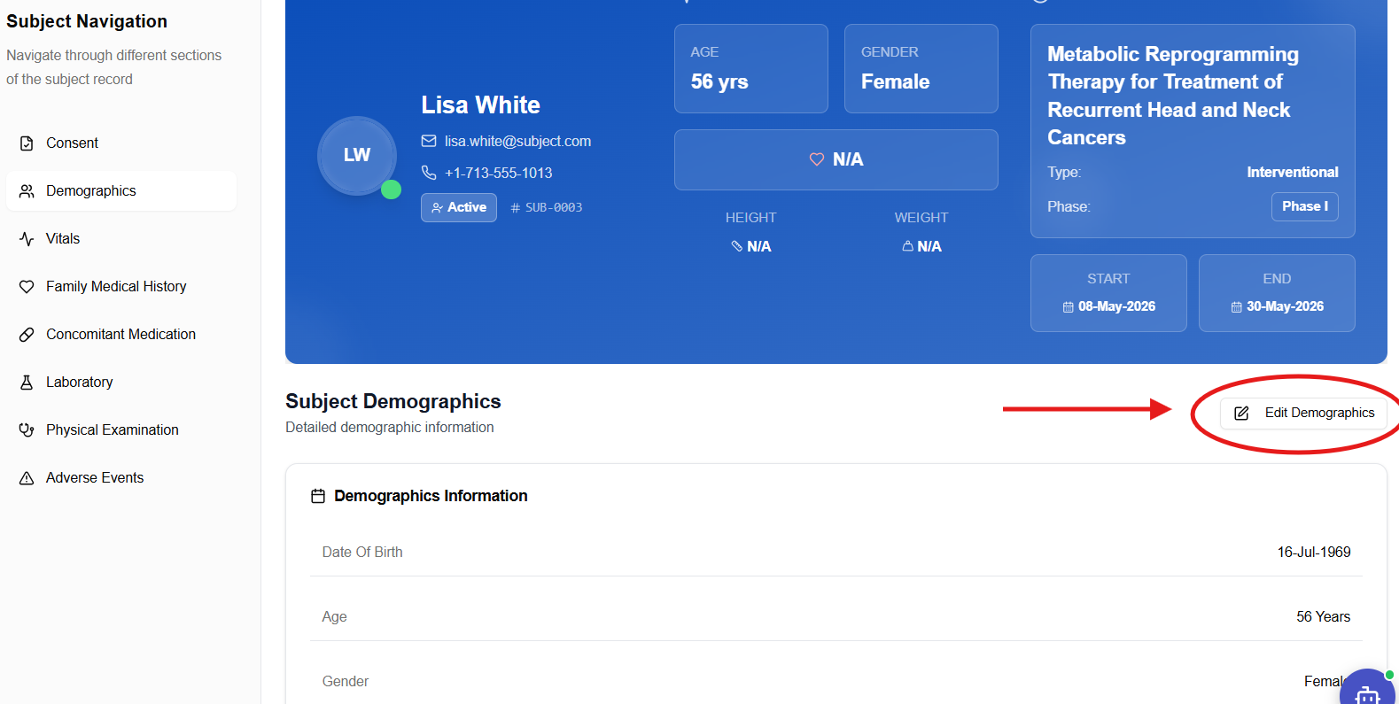 Demographics overview — list of recorded demographic entries