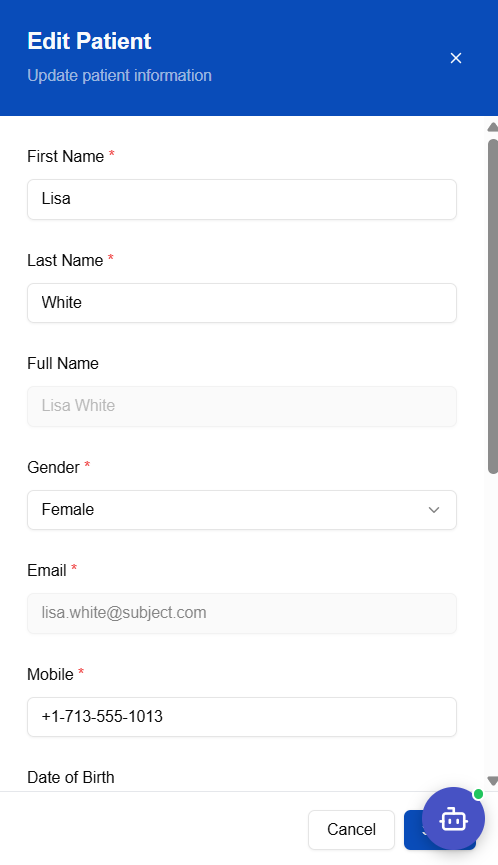 Demographics entry form — personal details and physical measurements