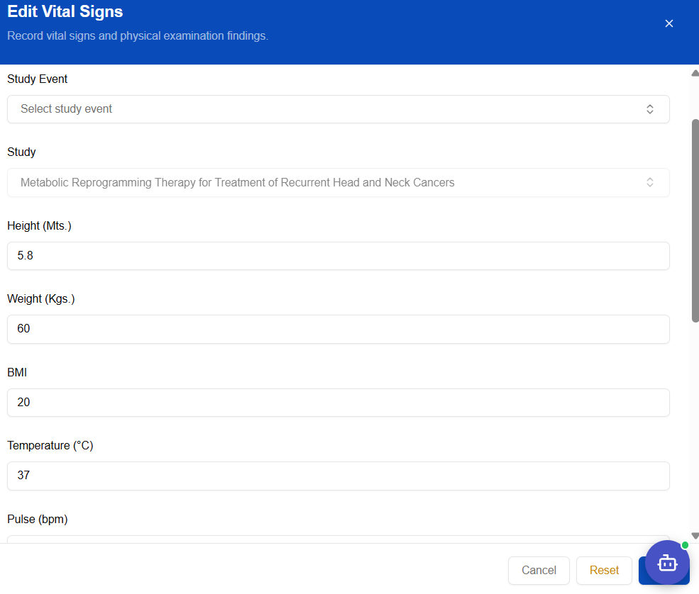 Vitals entry form — height, weight, BMI, temperature, and pulse fields