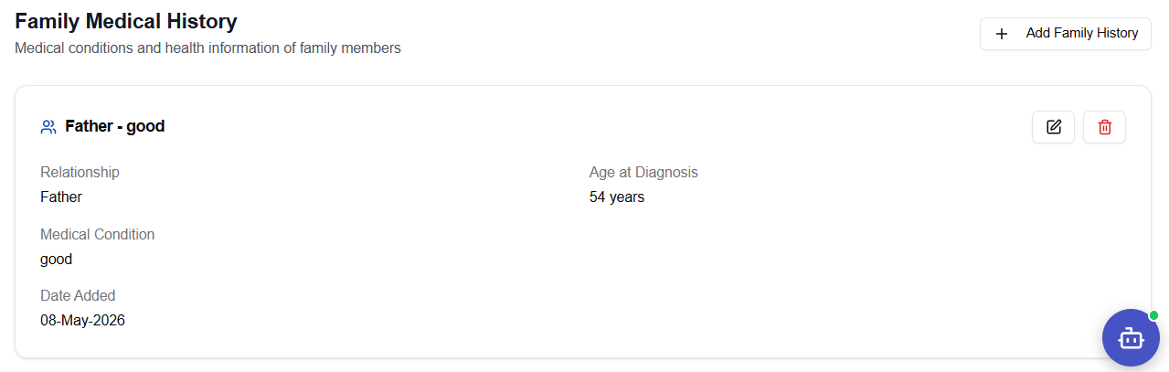 Family Medical History entry form — condition, relationship, and notes fields
