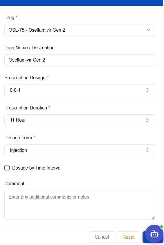 Medication entry form — drug name, dose, frequency, and indication fields