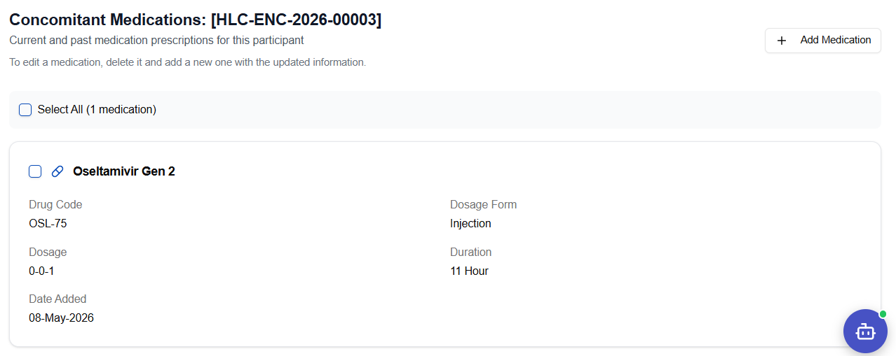 Medication saved view — recorded concomitant medication entry