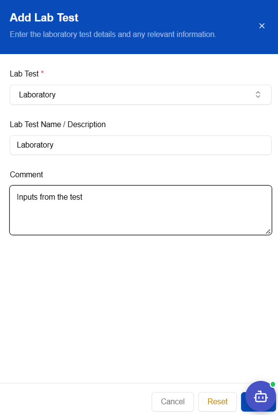 Lab Test entry form — lab test type, name, and comment fields