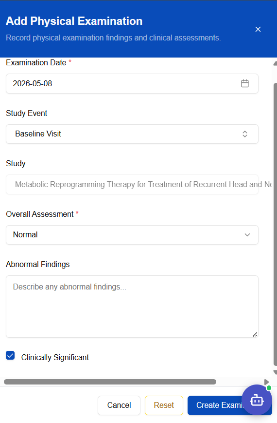 Physical Examination entry form — body system findings and examination notes