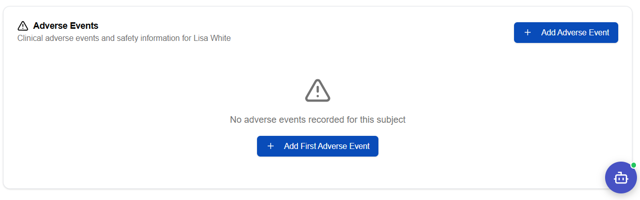 Adverse Events overview — list of recorded adverse event entries with severity