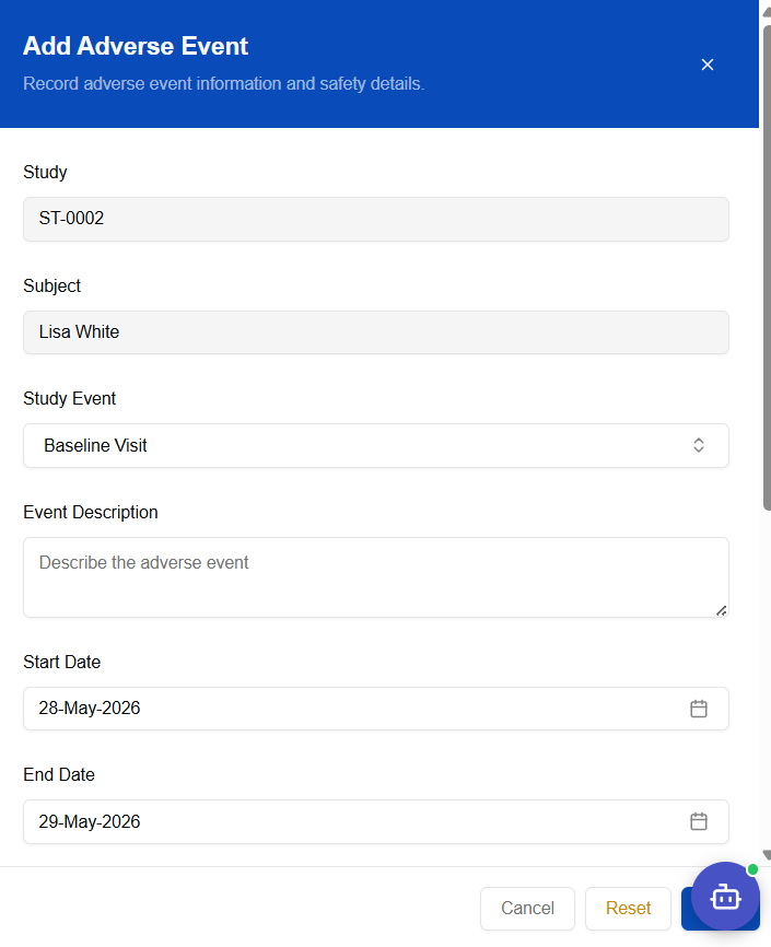 Adverse Event entry form — study, subject, event description, start and end dates