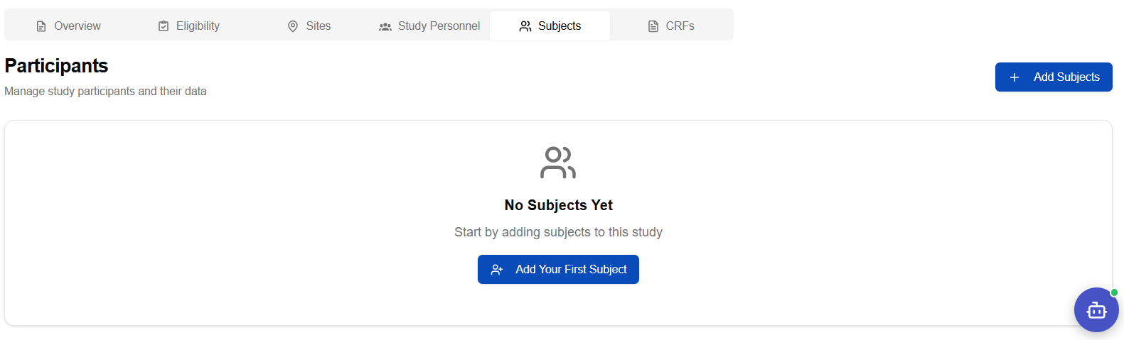 Subjects tab — empty state with Add Your First Subject button