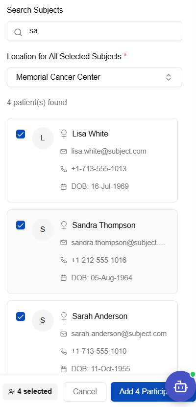 Subject enrollment panel — search patients and select for enrollment